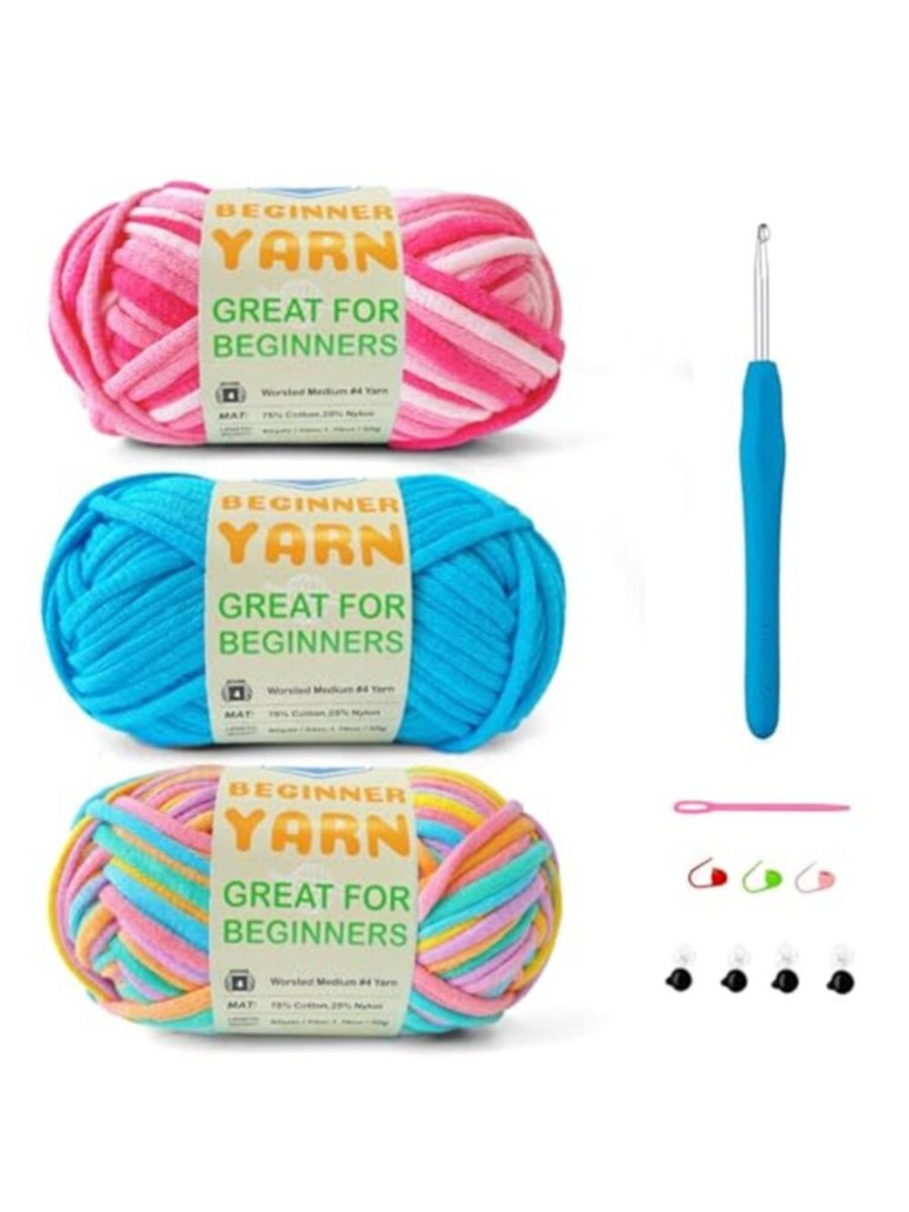 Cotton Blend Yarn Crochet Knitting Kit 3 Pack Beginner Amigurumi Worsted Weight